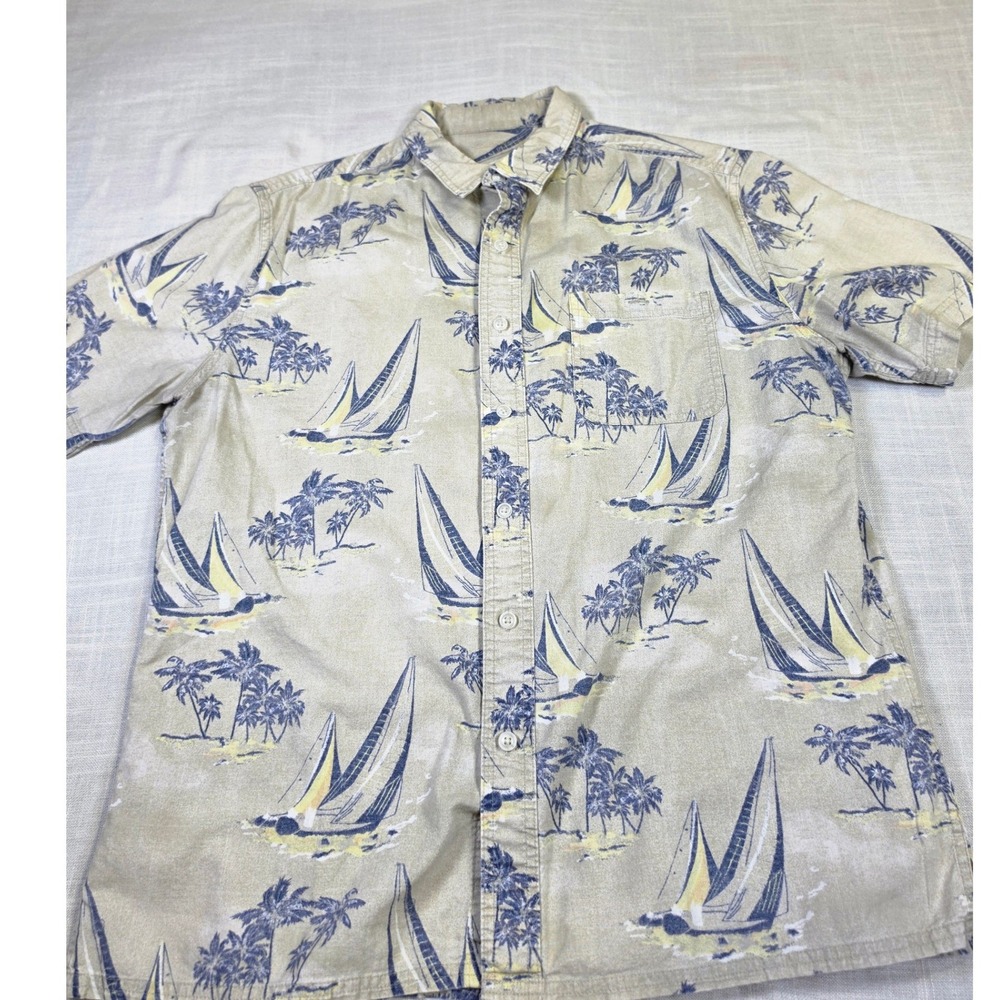 Men Tropical Sailboat Palm Tree Button Down Shirt Beige Blue Shrt Sleeve Coastal